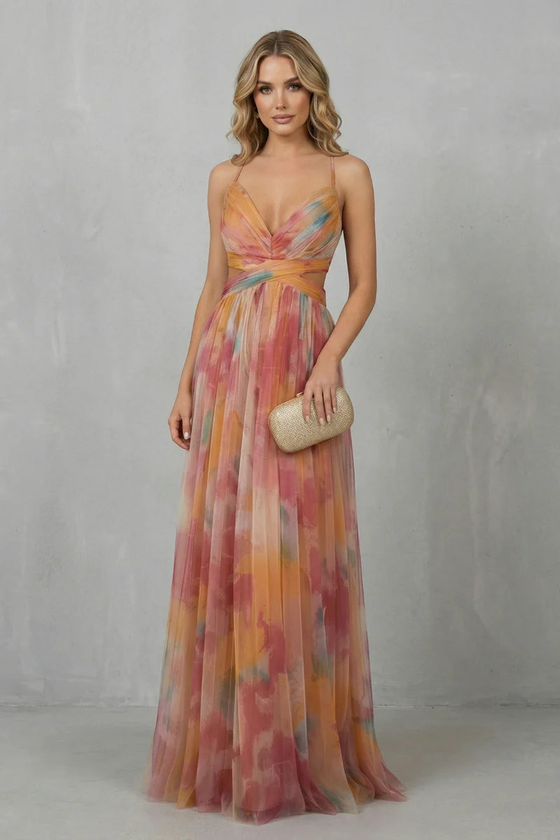 Lightweight women's slip dress – a-line, abstract print, mesh overlay, for evening events