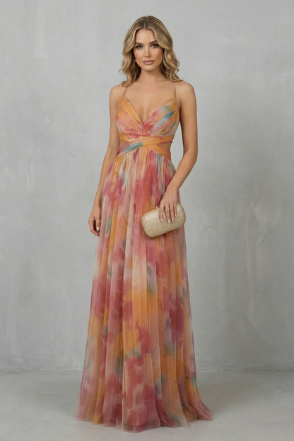 Lightweight women's slip dress – a-line, abstract print, mesh overlay, for evening events