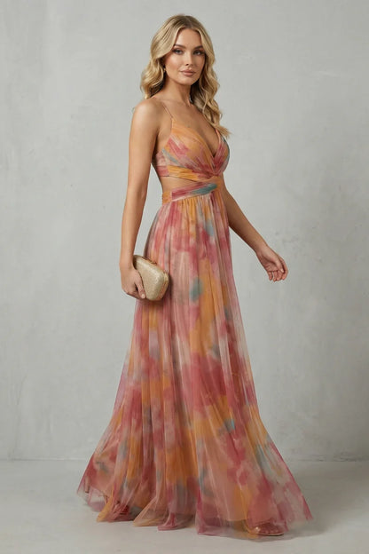 Lightweight women's slip dress – a-line, abstract print, mesh overlay, for evening events