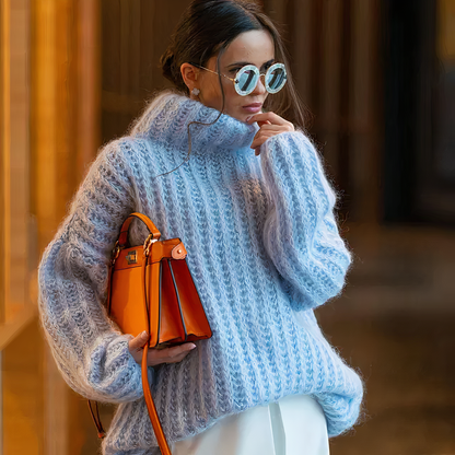 Oversized dame rullekrave sweater - kabelstrik, blød