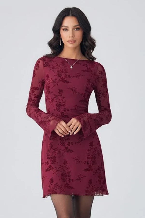 Figurbetontes Damenkleid – hohe Taille, langärmliges strukturiertes Muster, Polyester, für Partys