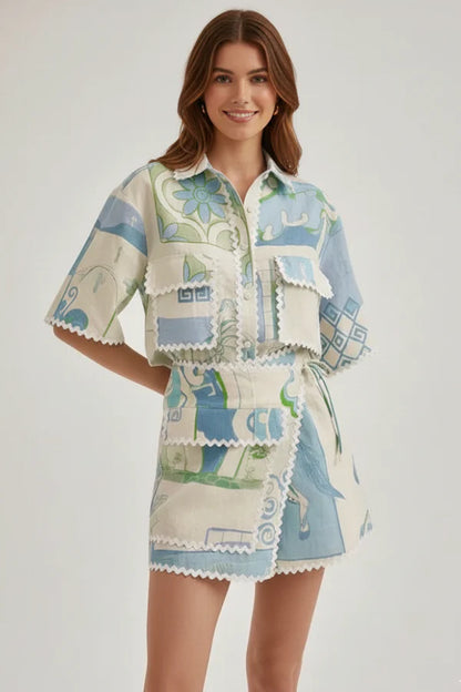 Zachte dames set met bloemenprint en kant – patchwork top en shorts, polyester, voor casual kleding