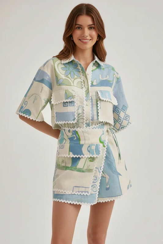 Weiches Damen-Set mit Blumenmuster und Spitze – Patchwork-Oberteil und Shorts, Polyester, für Freizeitkleidung