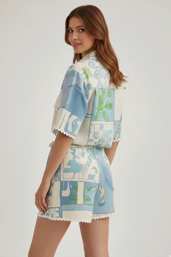 Zachte dames set met bloemenprint en kant – patchwork top en shorts, polyester, voor casual kleding