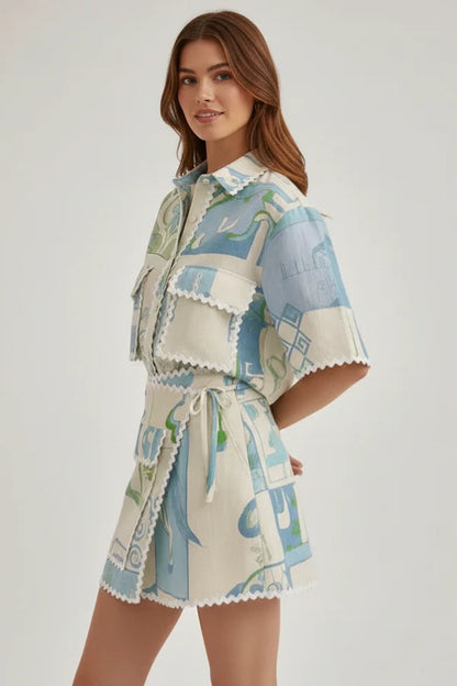 Zachte dames set met bloemenprint en kant – patchwork top en shorts, polyester, voor casual kleding