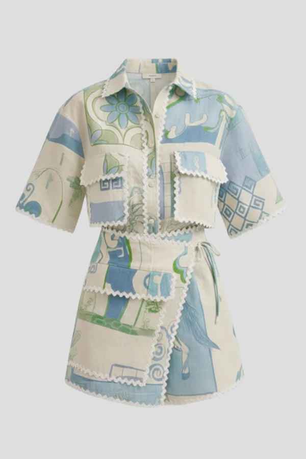 Zachte dames set met bloemenprint en kant – patchwork top en shorts, polyester, voor casual kleding