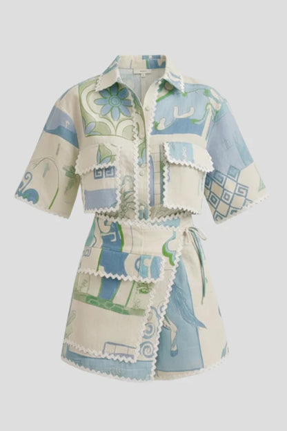 Zachte dames set met bloemenprint en kant – patchwork top en shorts, polyester, voor casual kleding