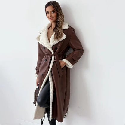 Warm Flattering Women’s Long Coat - Shearling Lined Leather