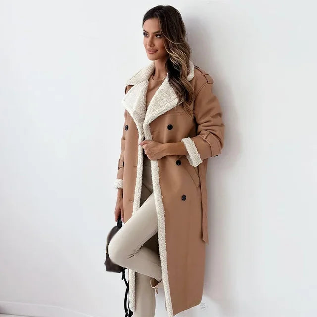 Warm Flattering Women’s Long Coat - Shearling Lined Leather