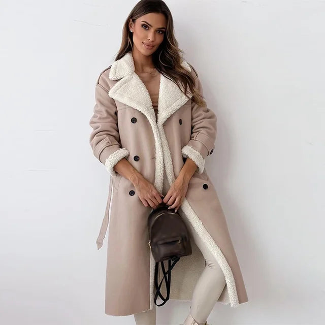 Warm Flattering Women’s Long Coat - Shearling Lined Leather