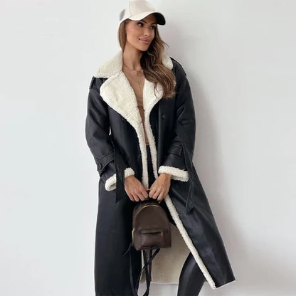 Warm Flattering Women’s Long Coat - Shearling Lined Leather