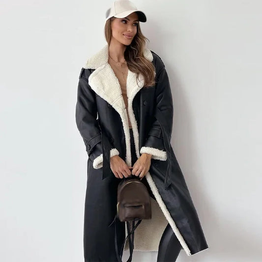 Warm Flattering Women’s Long Coat - Shearling Lined Leather