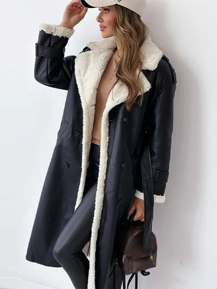 Warm Flattering Women’s Long Coat - Shearling Lined Leather