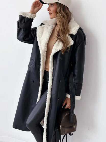Warm Flattering Women’s Long Coat - Shearling Lined Leather