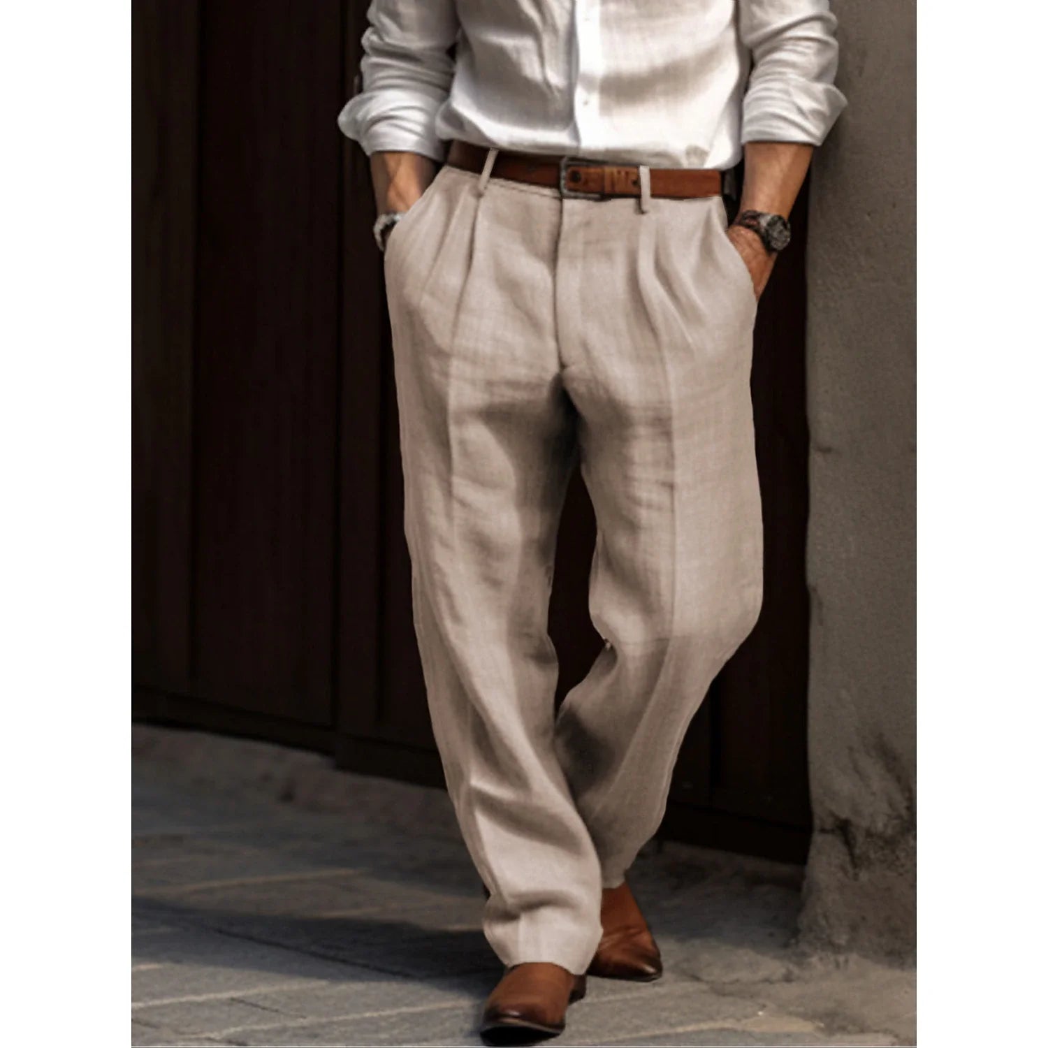Breathable men's pleated linen trousers – classic design, linen-cotton blend, for casual and formal occasions 0