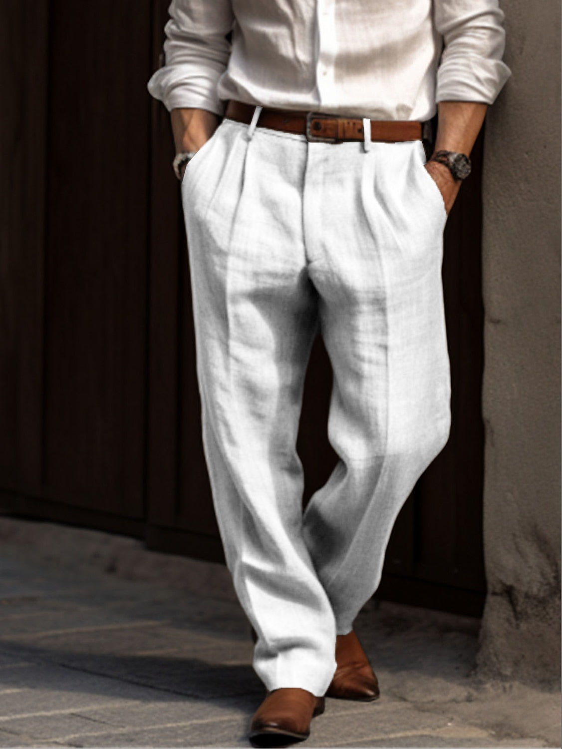 Breathable men's pleated linen trousers – classic design, linen-cotton blend, for casual and formal occasions 2