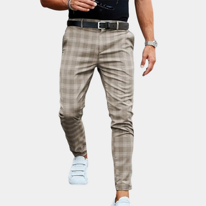 Breathable men's trousers – straight cut, checkered pattern, for summer outings 0
