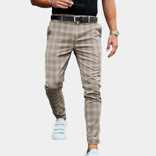 Breathable men's trousers – straight cut, checkered pattern, for summer outings 0