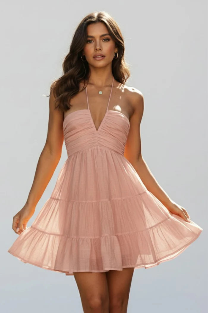 Soft women's v-neck dress – tiered pettiskirt, long-stitching details, spring/summer wear