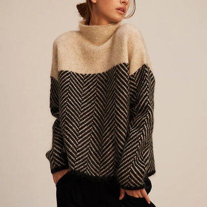 Warm Women’s Herringbone Knit Sweater - Stand Collar, Casual