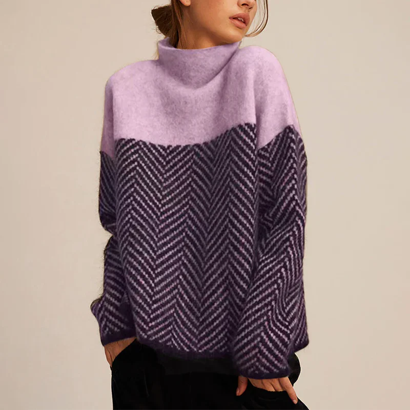 Warm Women’s Herringbone Knit Sweater - Stand Collar, Casual