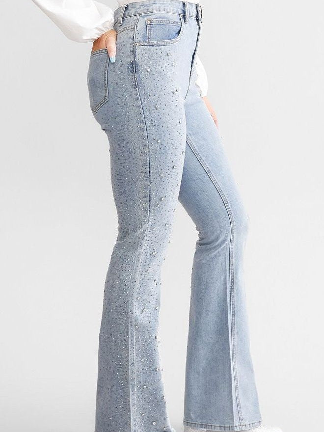 High-Waisted Boot Cut Flared Jeans with Rhinestone Embellishments in Light Blue, Relaxed Fit Denim-4