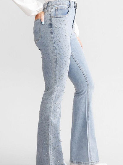 High-Waisted Boot Cut Flared Jeans with Rhinestone Embellishments in Light Blue, Relaxed Fit Denim-4