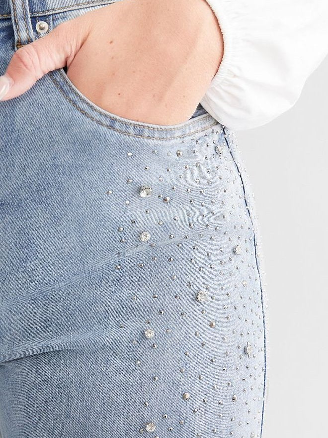High-Waisted Boot Cut Flared Jeans with Rhinestone Embellishments in Light Blue, Relaxed Fit Denim-5