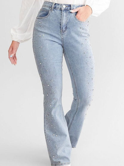 High-Waisted Boot Cut Flared Jeans with Rhinestone Embellishments in Light Blue, Relaxed Fit Denim-1