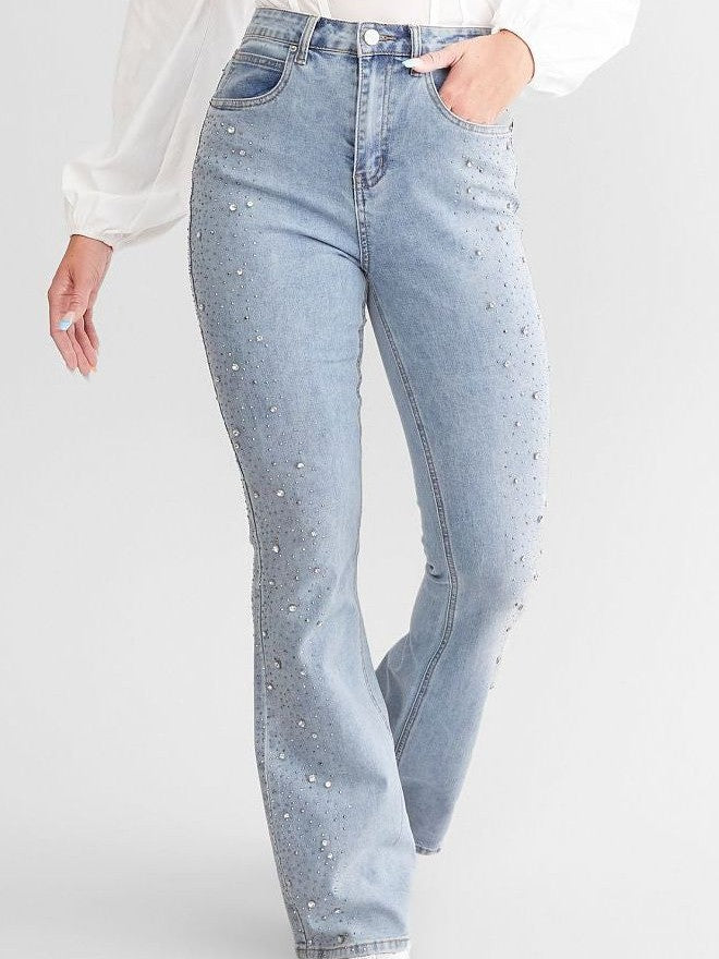 Variant image for High-Waisted Boot Cut Flared Jeans with Rhinestone Embellishments in Light Blue, Relaxed Fit Denim-1