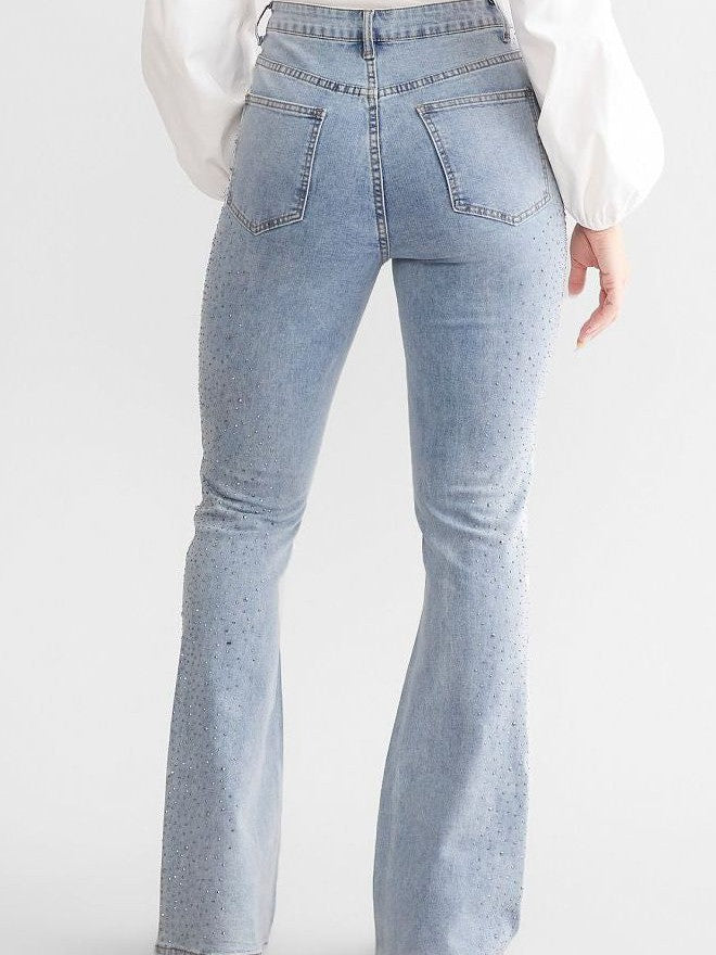 High-Waisted Boot Cut Flared Jeans with Rhinestone Embellishments in Light Blue, Relaxed Fit Denim-3