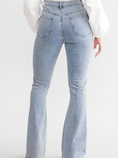 High-Waisted Boot Cut Flared Jeans with Rhinestone Embellishments in Light Blue, Relaxed Fit Denim-3