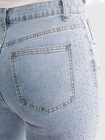High-Waisted Boot Cut Flared Jeans with Rhinestone Embellishments in Light Blue, Relaxed Fit Denim-6