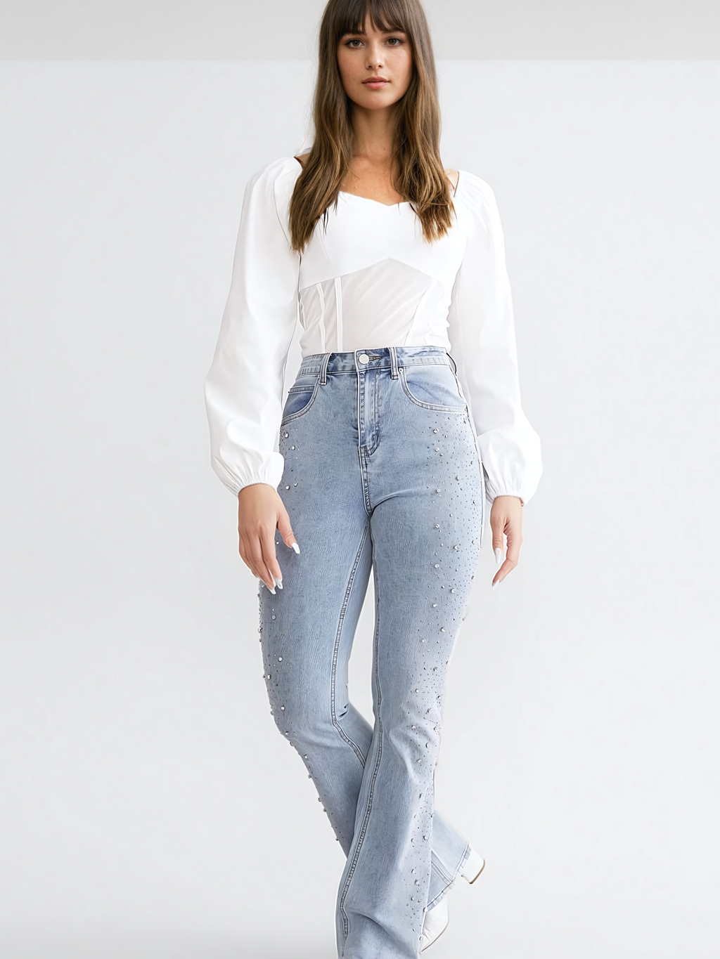 High-Waisted Boot Cut Flared Jeans with Rhinestone Embellishments in Light Blue, Relaxed Fit Denim-2