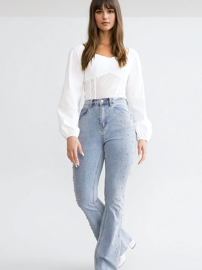 High-Waisted Boot Cut Flared Jeans with Rhinestone Embellishments in Light Blue, Relaxed Fit Denim-2