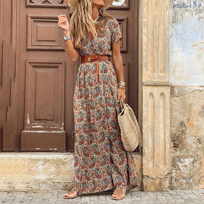 Variant image for Elegant Boho Women's Maxi Dress, V-Neck Short Sleeve Summer Dress, Adjustable Belt, Full-Length, Soft Polyester, Multiple Colors Available-13