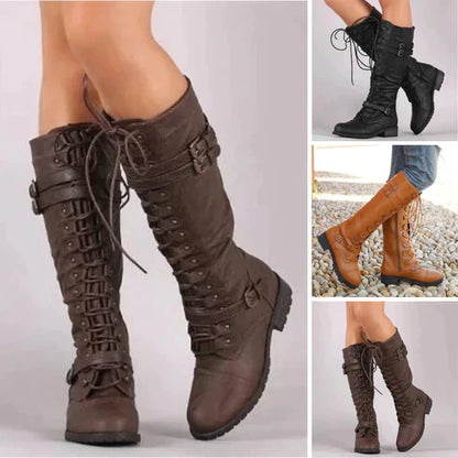 Supportive Women’s Knee Boots - Lace Up Leather, Streetwear