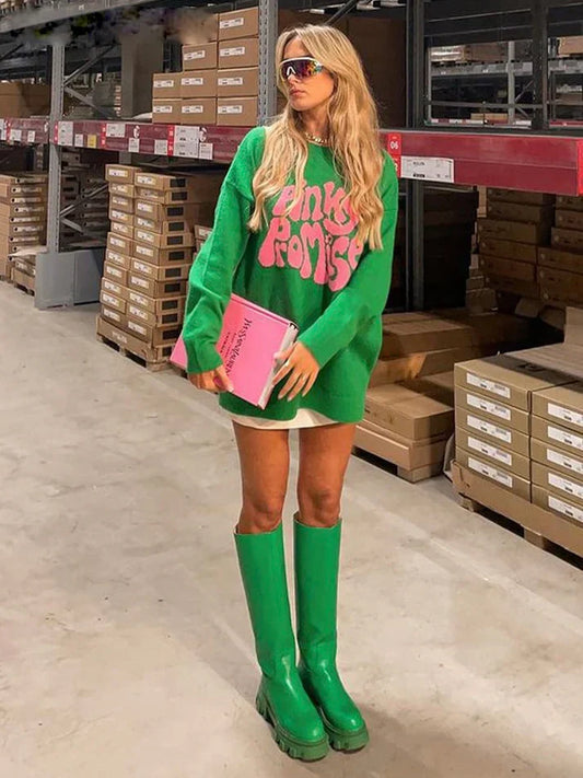 Oversized Women’s Pullover - Graphic Sleeve, Knit, Everyday