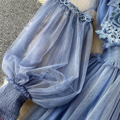 Elegant Floral Midi Dress for Women with Lantern Sleeves and Upright Collar - Perfect for Summer Parties and Special Occasions-4