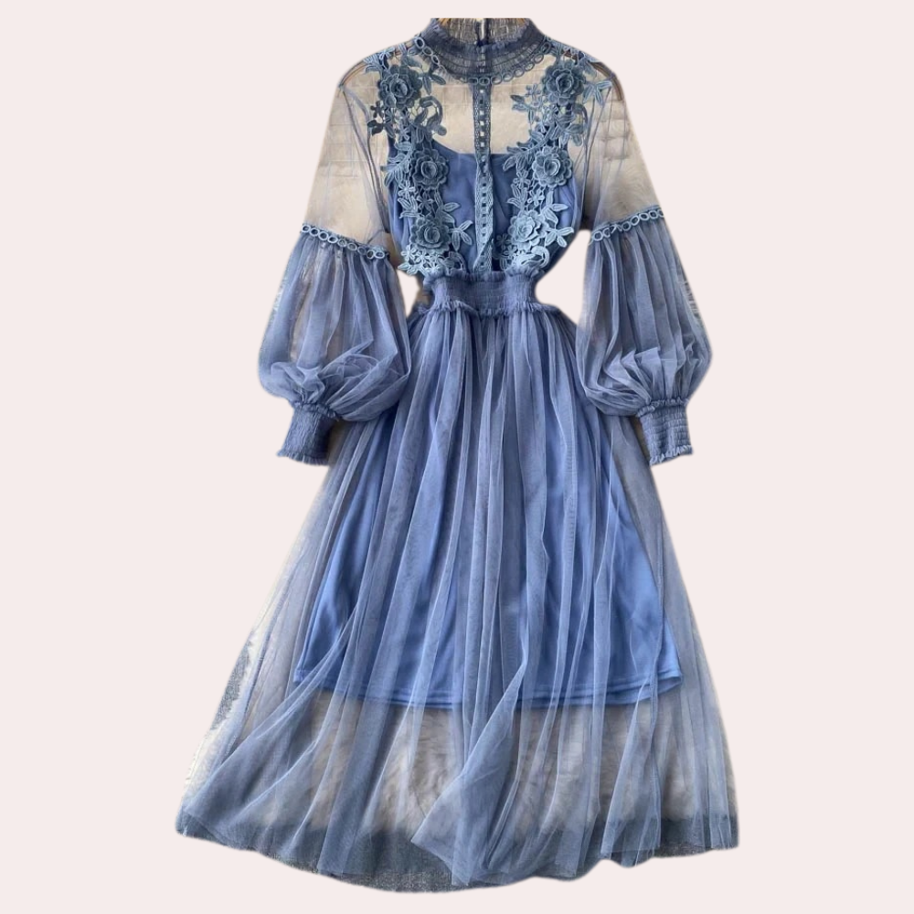 Elegant Floral Midi Dress for Women with Lantern Sleeves and Upright Collar - Perfect for Summer Parties and Special Occasions-6