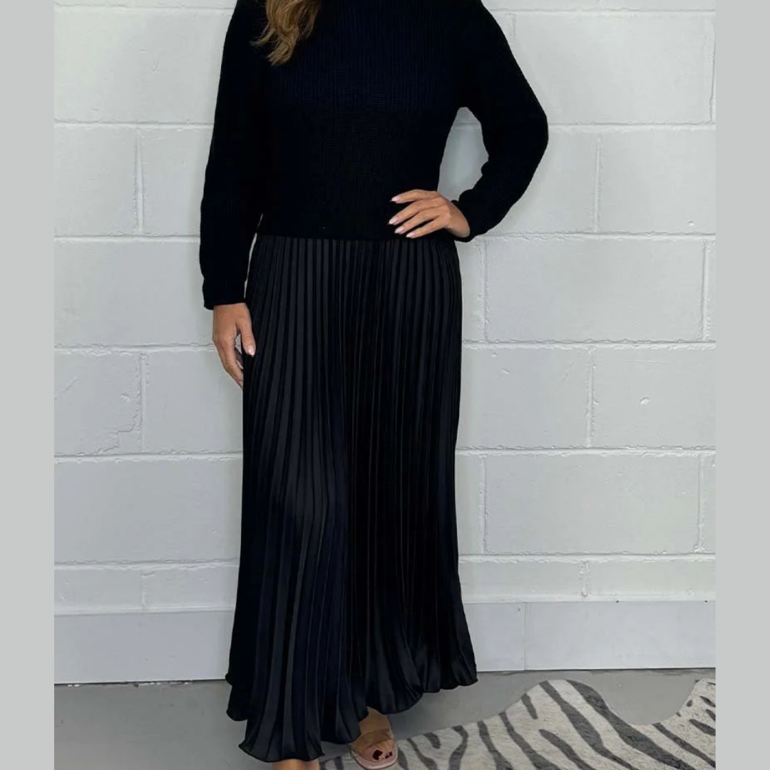 Soft Flowy Women’s Sweater Skirt Set - Pleated Maxi, Satin