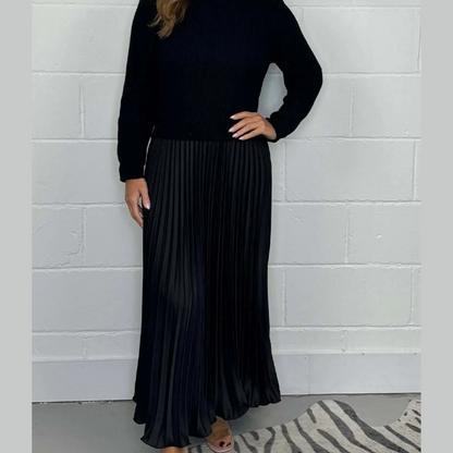 Soft Flowy Women’s Sweater Skirt Set - Pleated Maxi, Satin