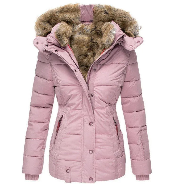 Warm Women’s Winter Coat - Quilted Midlength, Faux Fur Hood