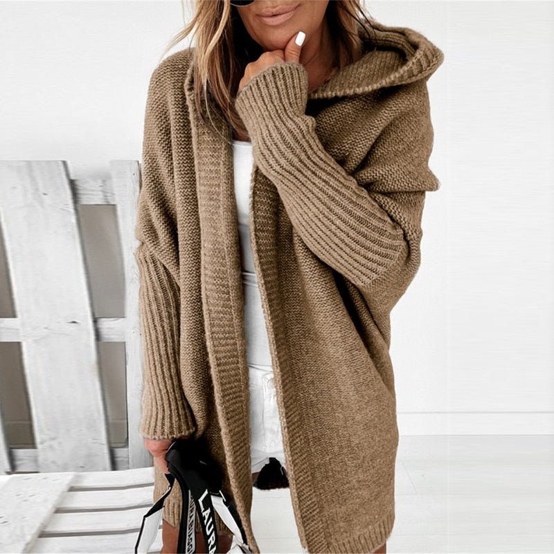 Oversized Women’s Hooded Knit Cardigan - Ribbed, Cozy