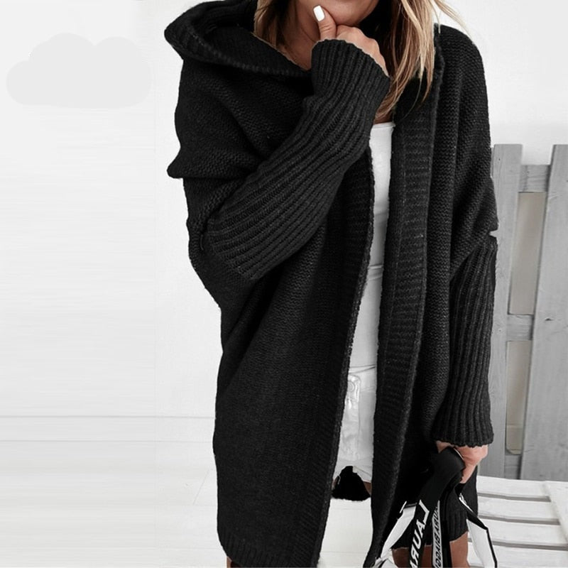 Oversized Women’s Hooded Knit Cardigan - Ribbed, Cozy