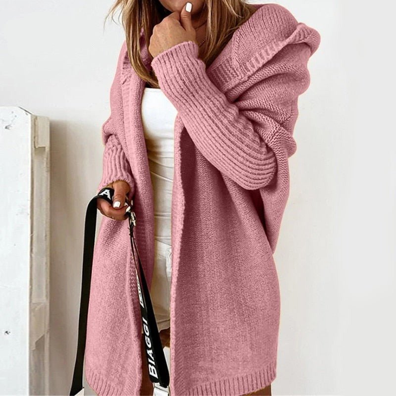 Oversized Women’s Hooded Knit Cardigan - Ribbed, Cozy