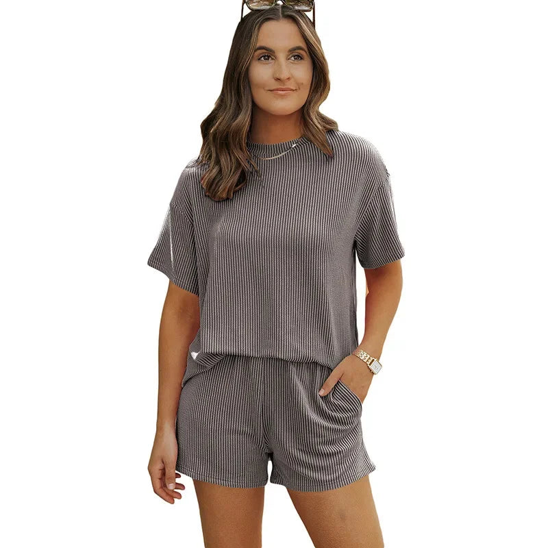 Casual Women's Outfit with Short-Sleeved Top and High Waist Shorts Set for Summer Wear 12