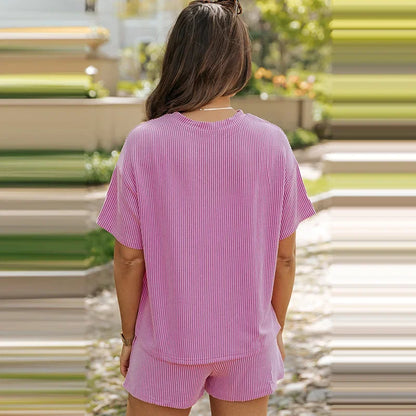 Casual Women's Outfit with Short-Sleeved Top and High Waist Shorts Set for Summer Wear 2