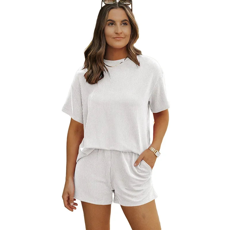 Casual Women's Outfit with Short-Sleeved Top and High Waist Shorts Set for Summer Wear 8
