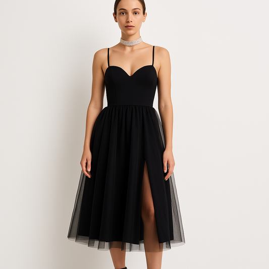 Mesh-Spaghetti-Träger Herz-Ausschnitt Abschlussballkleid für Heimkehrparty, elegantes Abendkleid